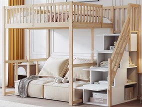 Łóżko piętrowe 140x200cm - Z bezpieczną drabinką do przechowywania - Barierki bezpieczeństwa - Lite drewno - Naturalne (materac nie jest dołączony)