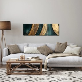 Obraz - Zielona abstrakcja ze złotem I. (z zegarem) (90x30 cm)