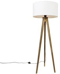 Rustykalna lampa stojąca na trójnogu z drewnianą podstawą vintage z białym kloszem 50 cm - Tripod Classic Rustykalny / Vintage Oswietlenie wewnetrzne