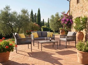 Aluminiowy zestaw mebli ogrodowych (2 x fotel, sofa + stolik) CORTO okrągły szary technorattan