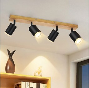 NETTLIFE Lampa sufitowa Reflektor sufitowy 4 płomienie Drewniana lampa sufitowa GU10 355° regulowana Czarny Vintage Industrial