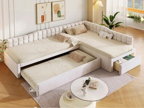 Łóżko pojedyncze tapicerowane w kształcie L 90x200 cm - z łóżkiem wysuwanym i 1 szufladą - Pokrycie welurowe - Beżowe (Materac nie wliczony w cenę)