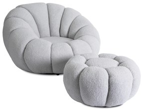 Fotel Wypoczynkowy Obrotowy PETTIT Szary z Pufą w Tkaninie Teddy Boucle