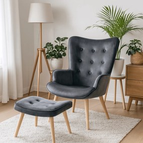 Fotel Wypoczynkowy Uszak LOZANO Z Podnóżkiem Szary Welurowy Nowoczesny