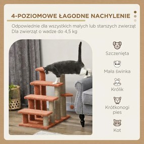 PawHut drabinka dla kota z drapakiem 4 stopnie schodki dla małych zwierząt do 5 kg brązowa 60x40x64cm | Aosom PL
