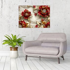 Obraz na szkle - 3D czerwono-złote kwiaty (70x50 cm)