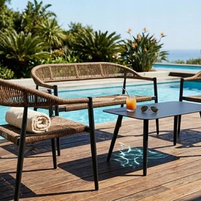 Zestaw mebli ogrodowych pleciony beżowy rama szara ławka, 2 krzesła, stolik