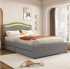 Łóżko tapicerowane - 90 x 200 cm - z regulowanym zagłówkiem i 2 szufladami - tkanina lniana - diody LED - kolor szary