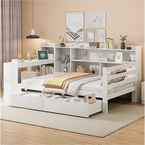 Kanapa rozkładana z litego drewna 90x200 cm - z biurkiem - biblioteka + półka - z gniazdkiem - z 2 dużymi szufladami - biała (bez materaca)