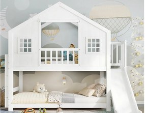 Łóżko piętrowe dla dzieci 90x200 cm - ze zjeżdżalnią i drabiną - z dachem i oknami - lite drewno + MDF - biały​ (bez materaca)