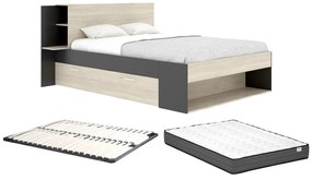 Łóżko 140 x 190 cm ze schowkami - Naturalny i czarny + Stelaż + Materac - KEROSIA