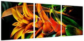 Obraz pomarańczowego kwiatu (z zegarem) (90x30 cm)