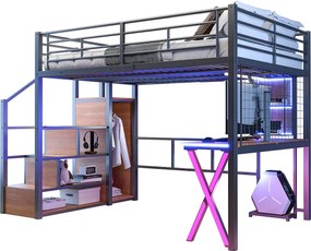 Łóżko antresola 140 x 200 cm z biurkiem, szafą, półkami - Oświetlenie ambientowe - Metal - Czarne (bez materaca)