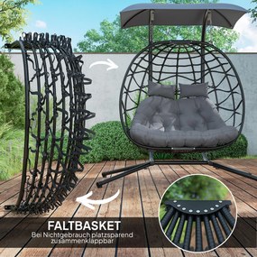 Outsunny Wiszący Fotel, Składany Fotel z Rattanu z Poduszką, Stelaż ze Stali, Baldachim, Odporny do 260 kg, Ciemnoszary