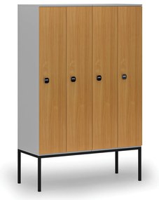 Drewniana szafa ubraniowa z podstawą, 4-drzwiowa, 1871 x 1200 x 500 mm, demontaż, zamek RFID, szary/buk