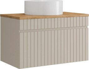 Wisząca szafka łazienkowa prążkowana beżowa z umywalką nablatową okrągłą – 80 cm – SATARA