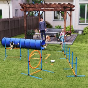 PawHut Zestaw treningowy Agility dla psów, 8-częściowy zestaw z tunelem, tyczkami slalomu, regulowanymi przeszkodami, obręczą do skoków, miską | Aosom PL