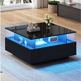 Nowoczesny stolik kawowy z 2 szufladami i przezroczystą przestrzenią - 70 x 70 x 41 cm - Diody LED - Płyta wiórowa - Czarny połysk