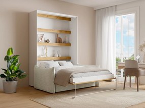 Łóżko chowane w szafie 160 x 200 cm - Ręczne otwieranie pionowe - Z diodami LED - Biały i naturalny + Kanapa - RAPILI