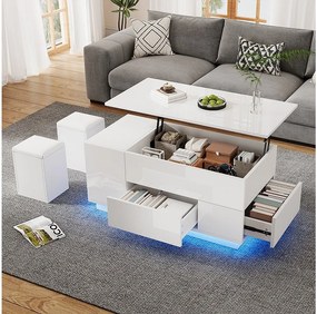 Stolik kawowy 4 w 1 podnoszony - 100 x 50 x 45 cm - z diodami LED + 2 szuflady + 2 hokery - płyta wiórowa - biały