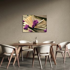Obraz na szkle - książka i fioletowe kwiaty (70x50 cm)