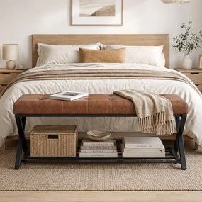 HOMCOM Ławka na buty, ławka do przedpokoju z ekoskórzaną poduszką, 112 x 37 x 47 cm, brązowa | Aosom PL