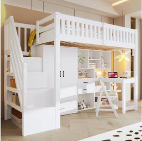Łóżko piętrowe dla dzieci - 90 x 200 cm - z drabinką + szafa + biurko + szuflady + półka - drewno - białe
