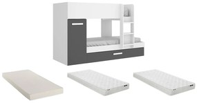 Łóżko piętrowe z ze skrzynią , 3 × 90 × 190 cm – kolor biało-antracytowy, z materacem - ANTHONY