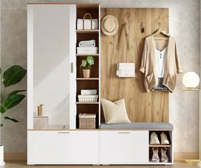 Zestaw szafy na ubrania 160x38x180cm - z 3 drzwiami i przegródkami do przechowywania - z lustrem i szafą na buty - z haczykiem - Naturalny + Biały