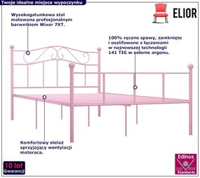 Różowe metalowe łóżko dwuosobowe 140x200 cm Ejnori