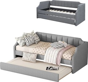 Łóżko wysuwane 90 x 200 cm i 90 x 190 cm - tkanina lniana - stelaż z listew - kolor szary