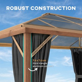 Outsunny Pawilon ogrodowy 4x3m aluminiowy z dachem z poliwęglanu 6 mm, moskitiera, 4 zasłony, imitacja drewna, naturalne drewno | Aosom PL