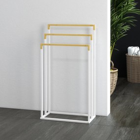 kleankin Zestaw Stojaków na Ręczniki 3 Drążki, Design Przemysłowy, Bambus, 45 x 22,5 x 86 cm, Biały + Natur