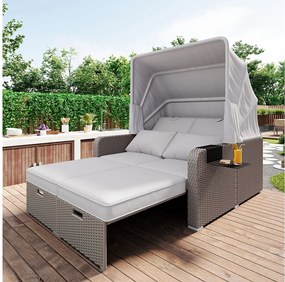 Zestaw mebli ogrodowych 2-osobowy, sofa wypoczynkowa z polirattanu z regulowanym baldachimem - do ogrodu, tarasu - Khaki