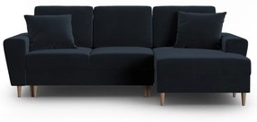 Ciemnoniebieski aksamitny rozkładany/ze schowkiem narożnik (prawostronny/z szezlongiem) Kyoto – Cosmopolitan Design