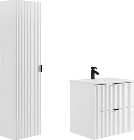Szafka łazienkowa wisząca  w paski z umywalką do zabudowy i słupek– biała matowa – 60 cm – ZEVINI