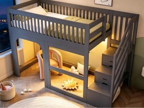 Łóżko antresola dziecięce 90 x 200 cm - z drabinką - z oświetleniem LED - z barierkami bezpieczeństwa - białe (materac nie w zestawie)