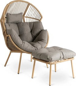 Fotel Ogrodowy z Podnóżkiem PORTLAND Kokon Wypoczynkowy Szary Nowoczesny Boho