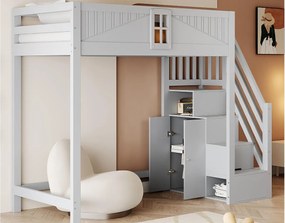 Łóżko na antresoli 90x200 cm - z bezpieczną drabiną z pojemnikami - z barierką bezpieczeństwa - szary​ (materac nie jest wliczony w cenę)