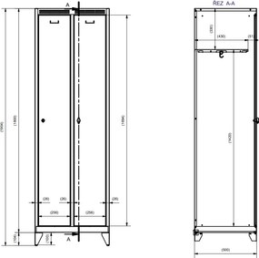 Metalowa szafka ubraniowa S7 na nogach, 2-drzwiowa, 1904 x 600 x 500 mm, demontaż, zamek obrotowy, drzwi szare