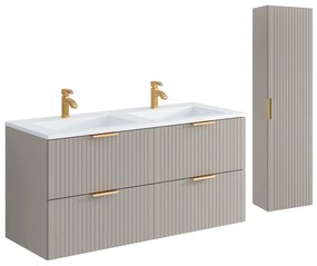 Wisząca szafka łazienkowa z prążkowaną fakturą, z okrągłą umywalką nablatową i słupkiem – kolor beżowy – 120 cm – ZEVARA