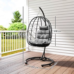 Outsunny Fotel wiszący zewnętrzny Fotel wiszący Egg Chair, odporny na warunki atmosferyczne, w tym poduszki, 102 cm x 102 cm x 195 cm, Ciemnoszary