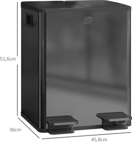 HOMCOM Kosz na śmieci 2 x 20L z pedałem, łatwy do czyszczenia, stal nierdzewna, tworzywo sztuczne, czarny | Aosom PL