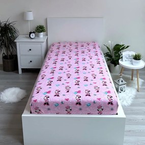 Różowe bawełniane prześcieradło dziecięce z gumką 90x200 cm Minnie "Flowers" – Jerry Fabrics