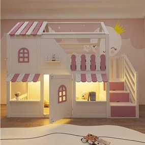 Łóżko piętrowe dla dzieci - 90 x 200 cm - domek z okienkami + drabinka + diody LED + półki - drewno - biały + różowy