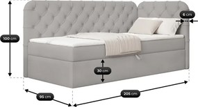 Łóżko Tapicerowane 90x200 cm VELA Młodzieżowe Prawostronne Szare Welurowe Glamour
