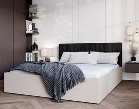 Beżowe łóżko z czarnym zagłówkiem i materacem 90x200 E3-K27