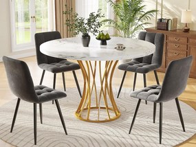 Okrągły stół z 4 krzesłami - Blat MDF, metalowa konstrukcja i aksamitne poduszki - Biały, Złoty i Szary