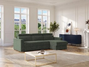 Kanapa narożna dwustronna rozkładana z tkaniny szenilowej w kolorze zielonym - Spanie na szerokich listwach 140 cm - Materac 22 cm z pamięcią kształtu VIZIR