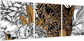 Obraz - Lampart pośród kwiatów (z zegarem) (90x30 cm)